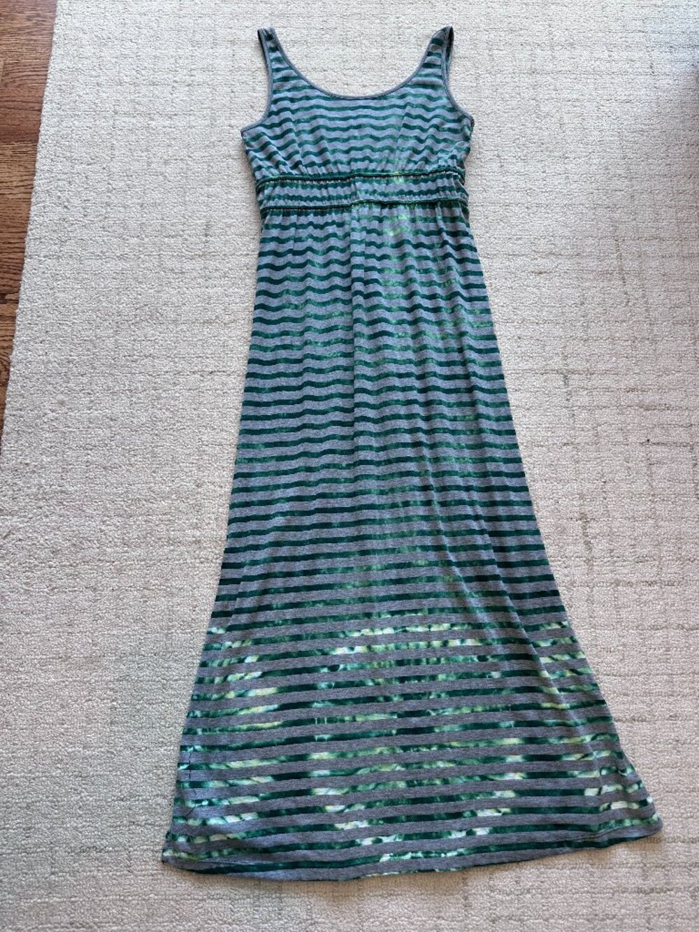 Size L prAna Adrienne Maxi Knit Tank Dress in green grey stripes